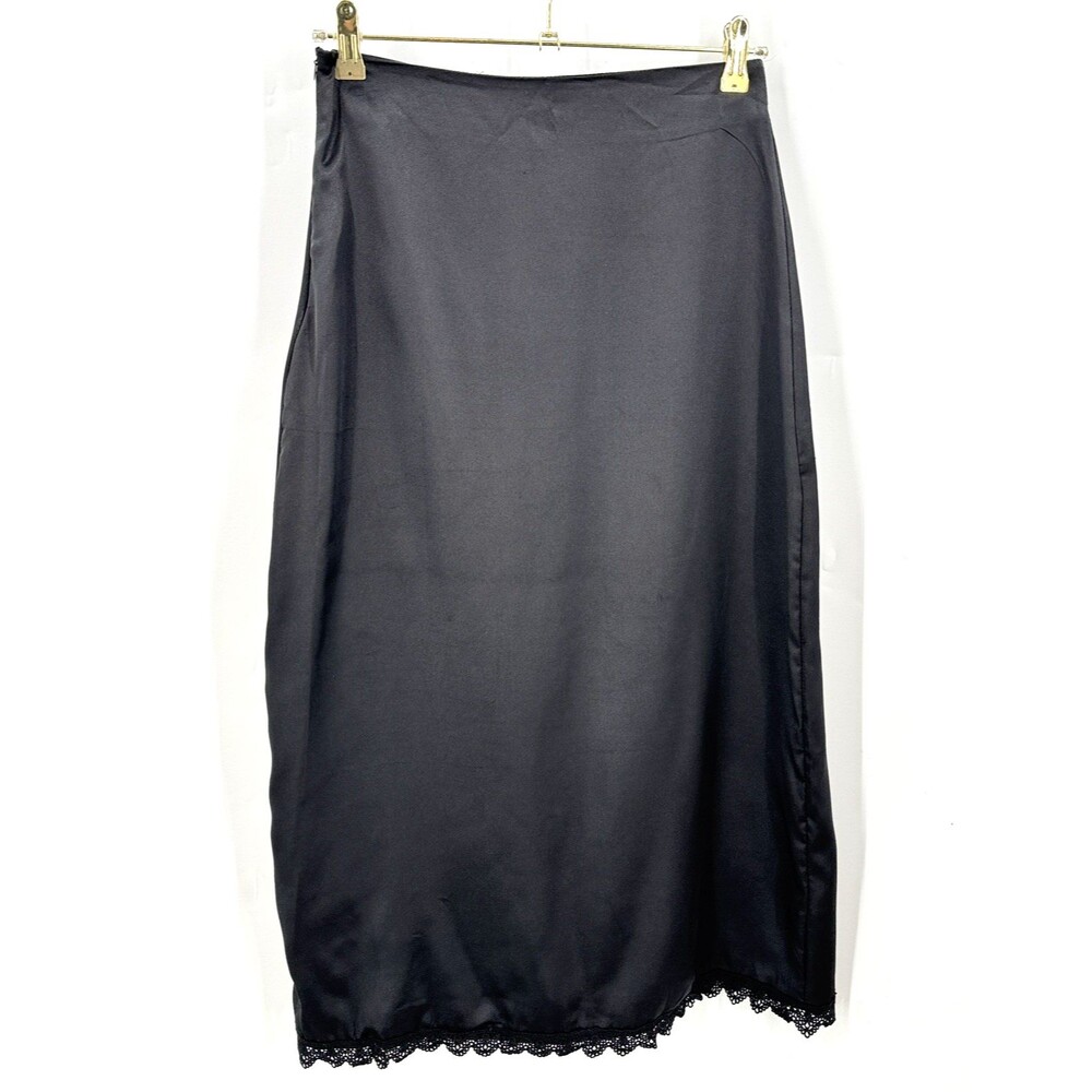 Y2K Black Satin Midi Skirt Women M Lace Trim Side Zip 90s Minimalist Slip Skirt